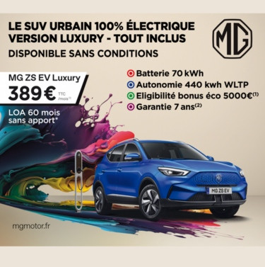 Offre MG ZS EV Luxury, la compacte 100% électrique à partir de 389€/mois